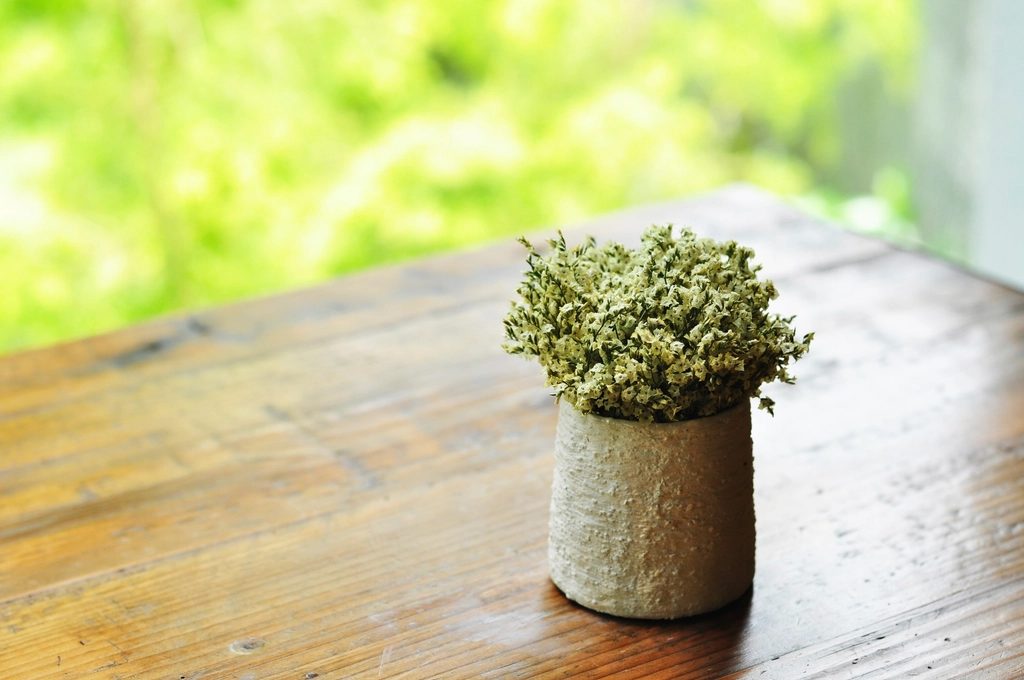 窓辺の木の机に置いた小さな鉢植え